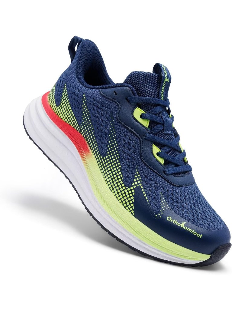 Orthocomfoot Mens Navy Lime Green Rubber Sole Comfortable Hiking Athletic Shoes
